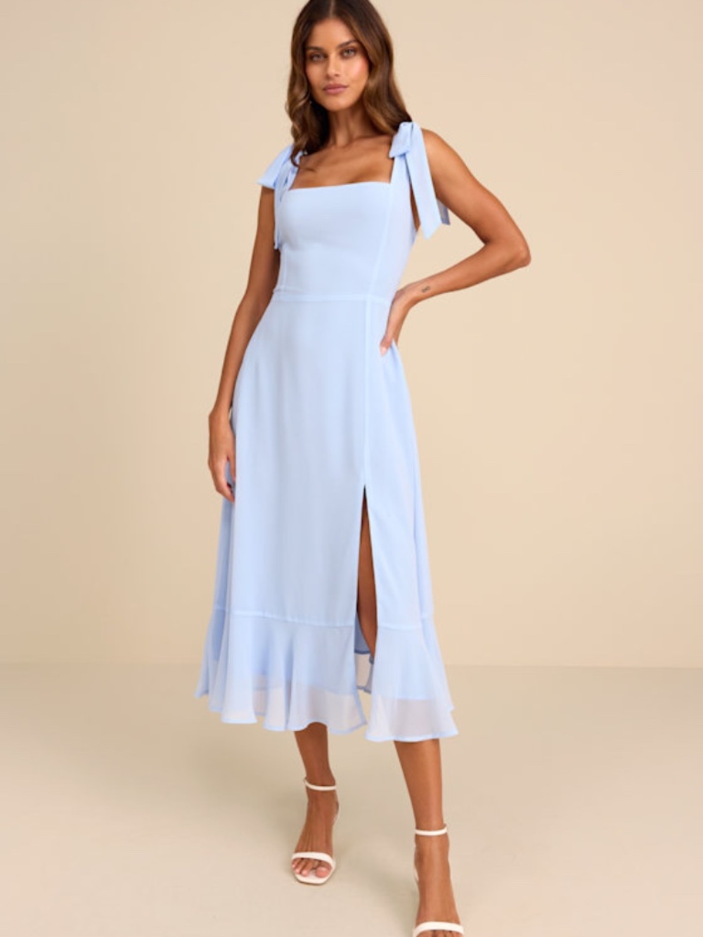 Lulu's Pale Blue Tie-Shoulder Square-Neck Midi Dress